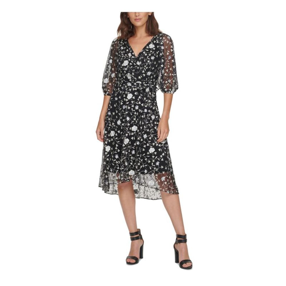 DKNY Womens Black Tie Zippered Pouf V Neck Midi Evening Faux Wrap Dress 2